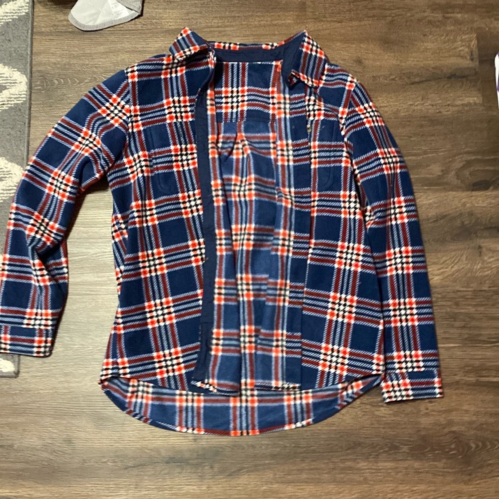 navy blue, red, and white wool plaid button up shirt